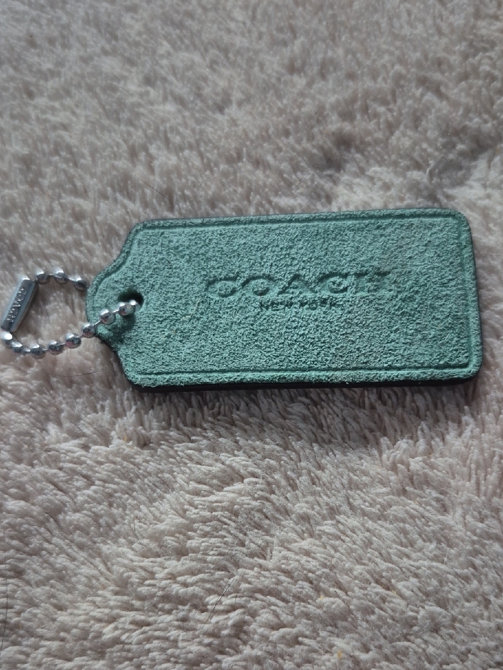 Coach Teal 2" Suede Hangtag Keychain with Silver Chain